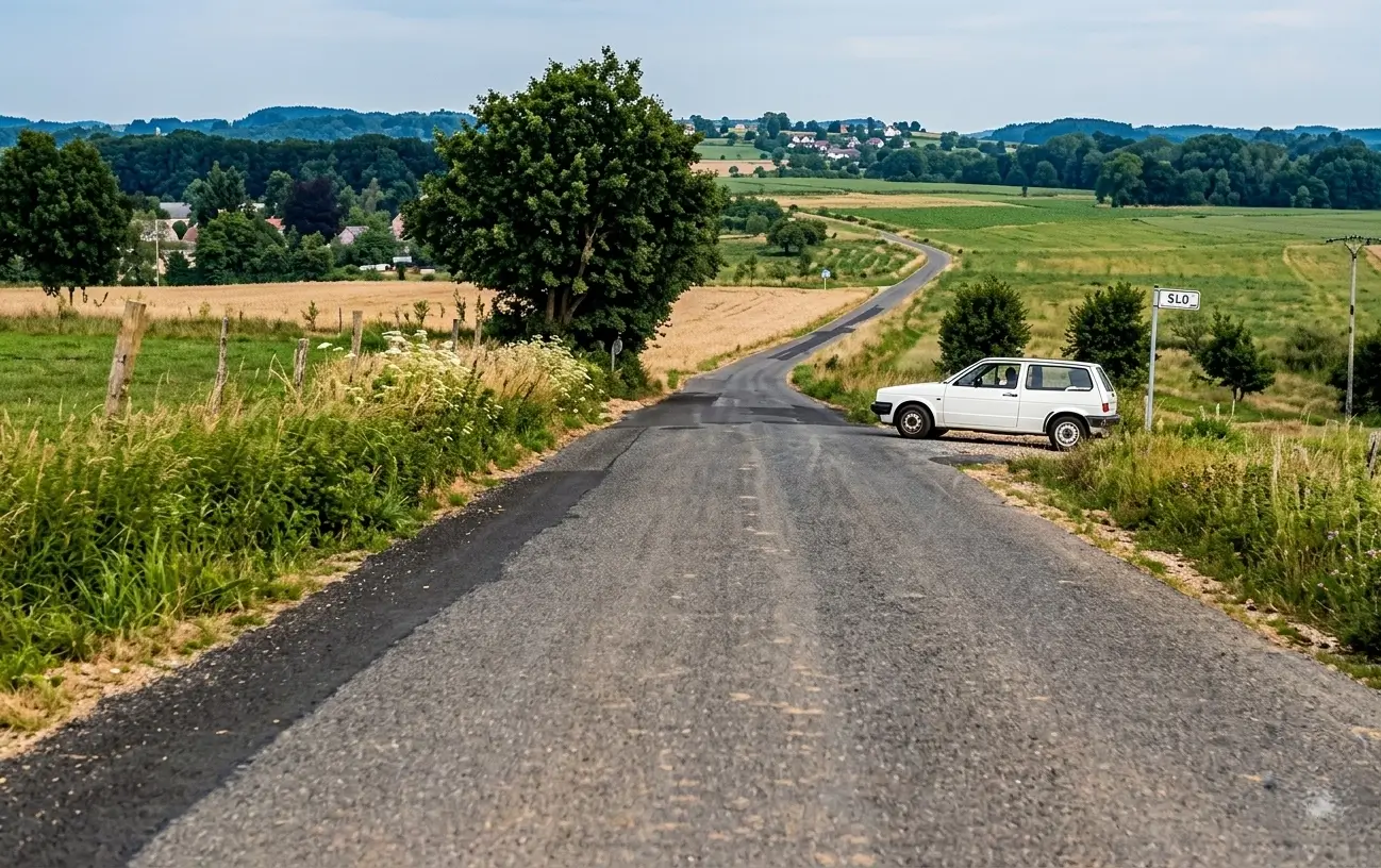 Rural road with a white car approaching from a side road on the right